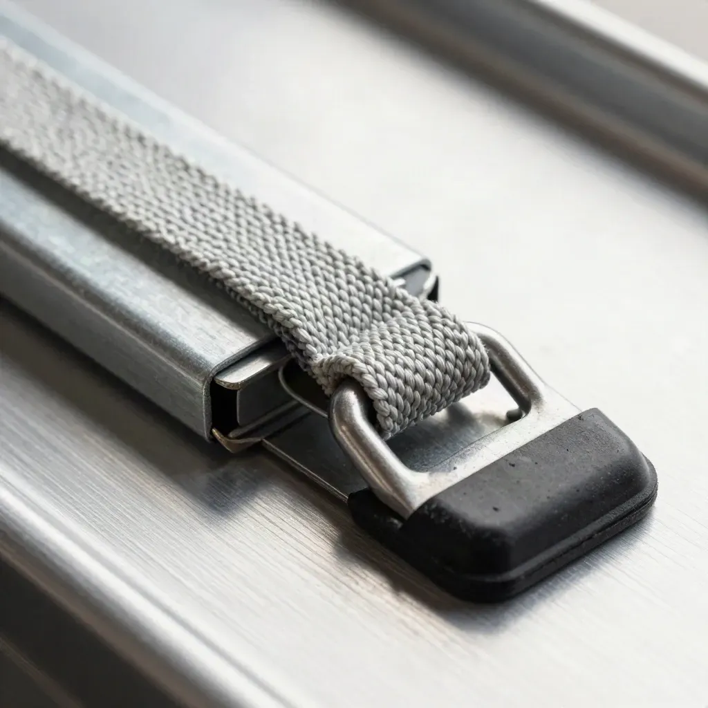 Cargo seal, strapping buckle, and corner protector on brushed metal in macro detail.