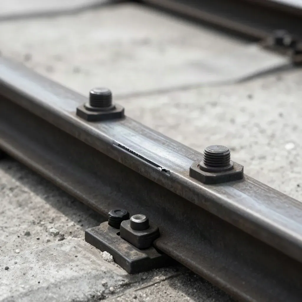Weathered rail splice plate, blackened bolts, and a grit-marked washer on pale concrete in tight macro.