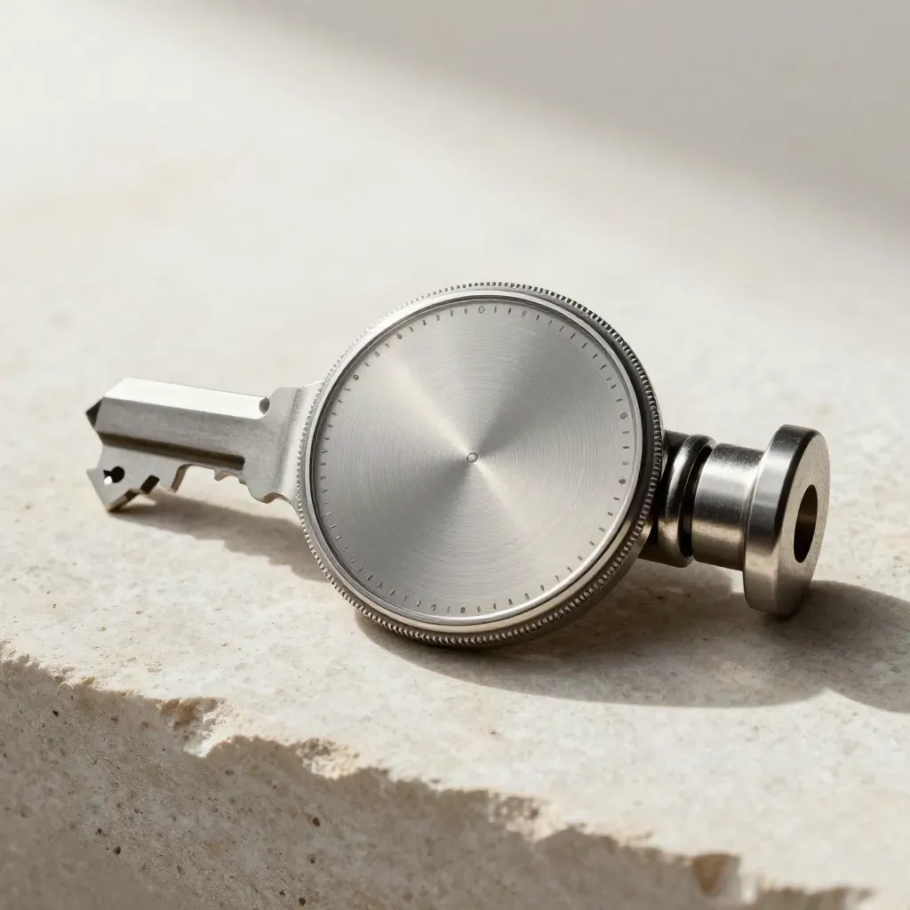 Vault dial, metal key card and lock cylinder on limestone in soft light