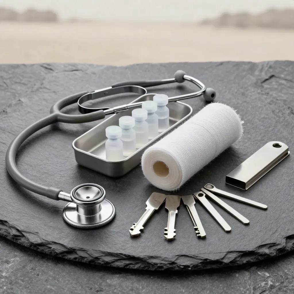 Healthcare still life with stethoscope, vial tray, gauze roll, and metal clip on stone