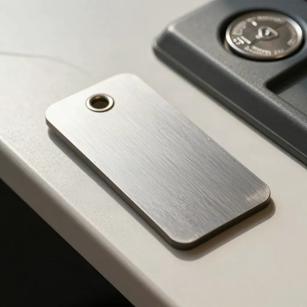 Overhead retail still life of an anti-theft tag, shelf bracket, and coin tray on brushed metal.