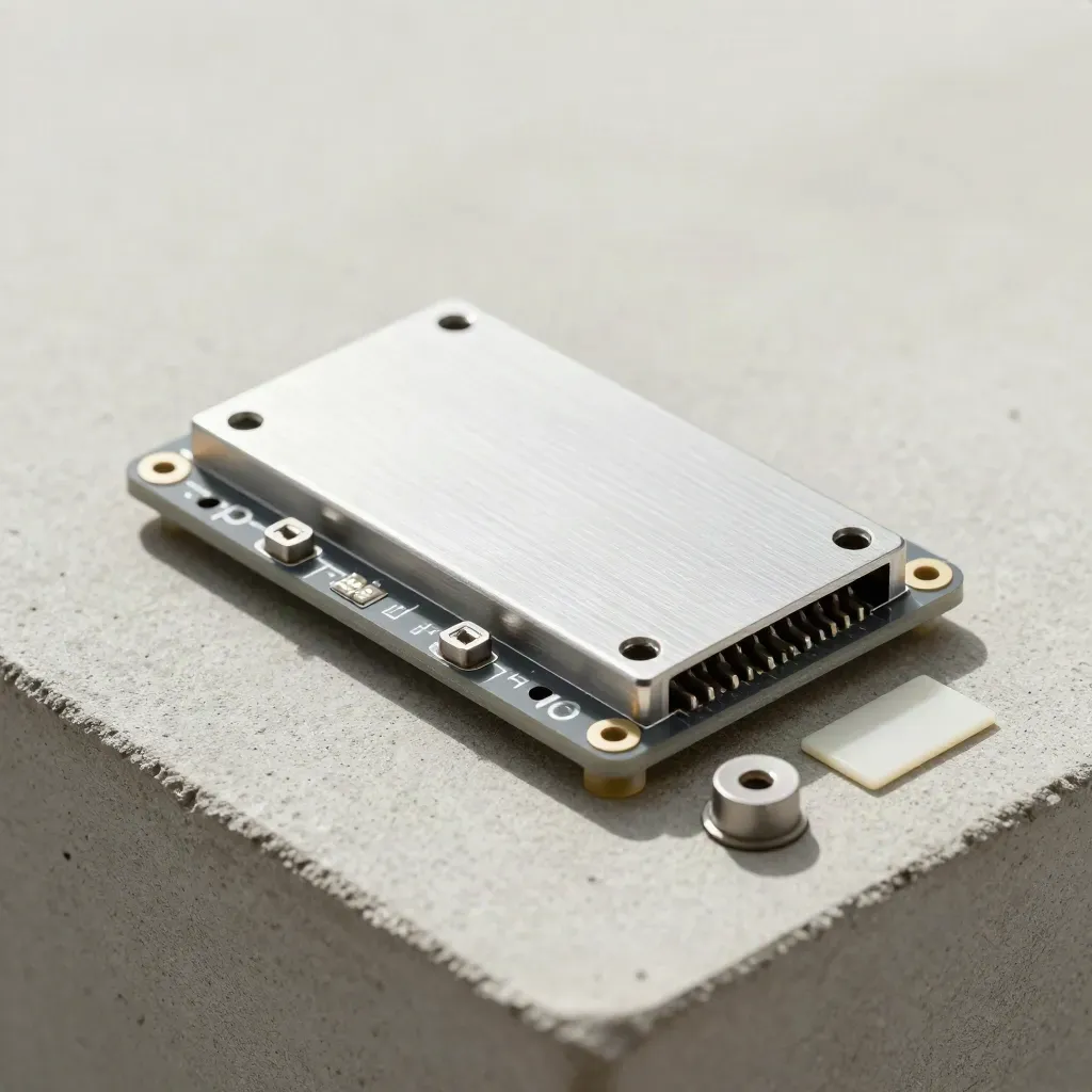 Microcontroller dev board beside a brushed aluminum prototype shell on concrete