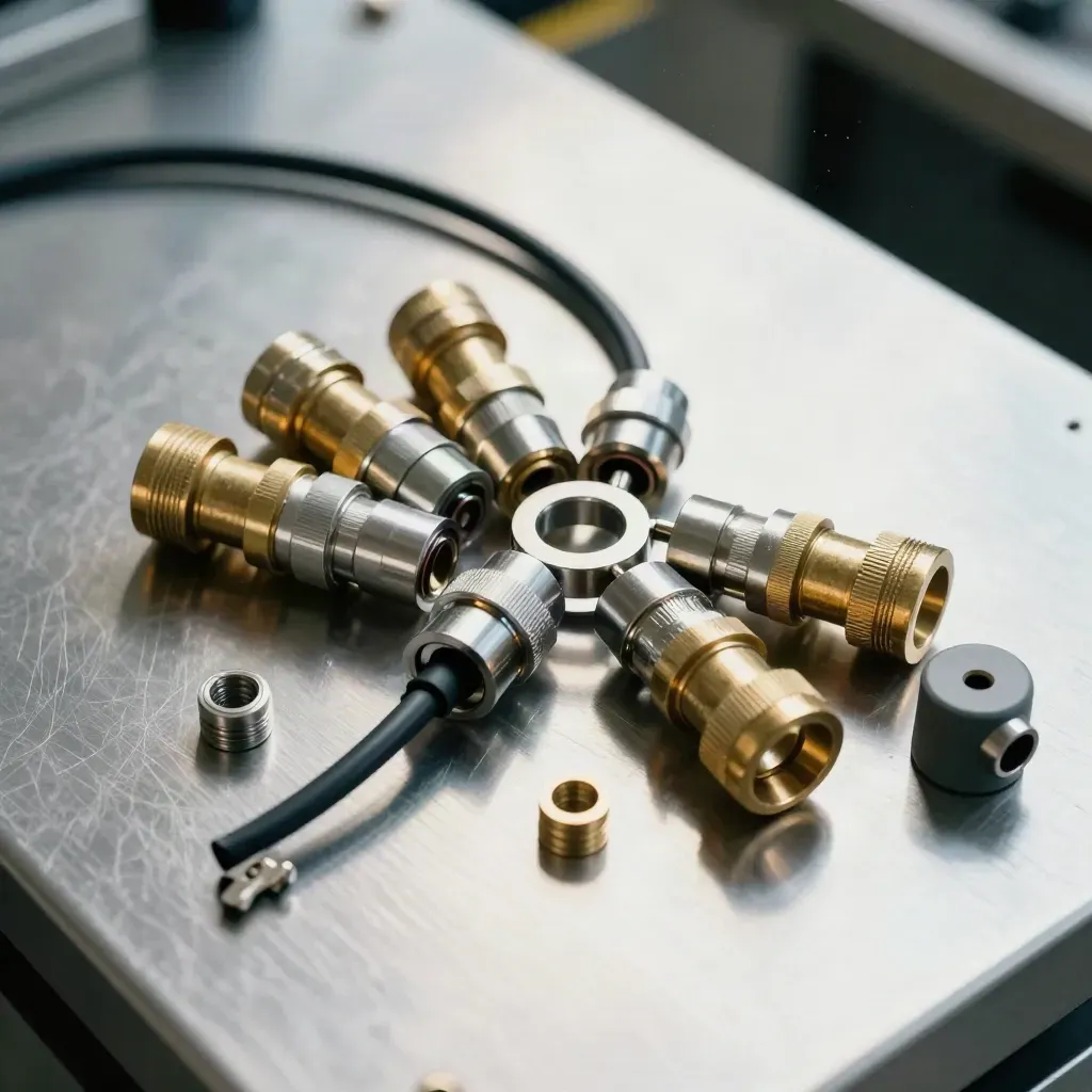 Brass and steel couplers with a patch cable coil on brushed metal, dramatic studio light.