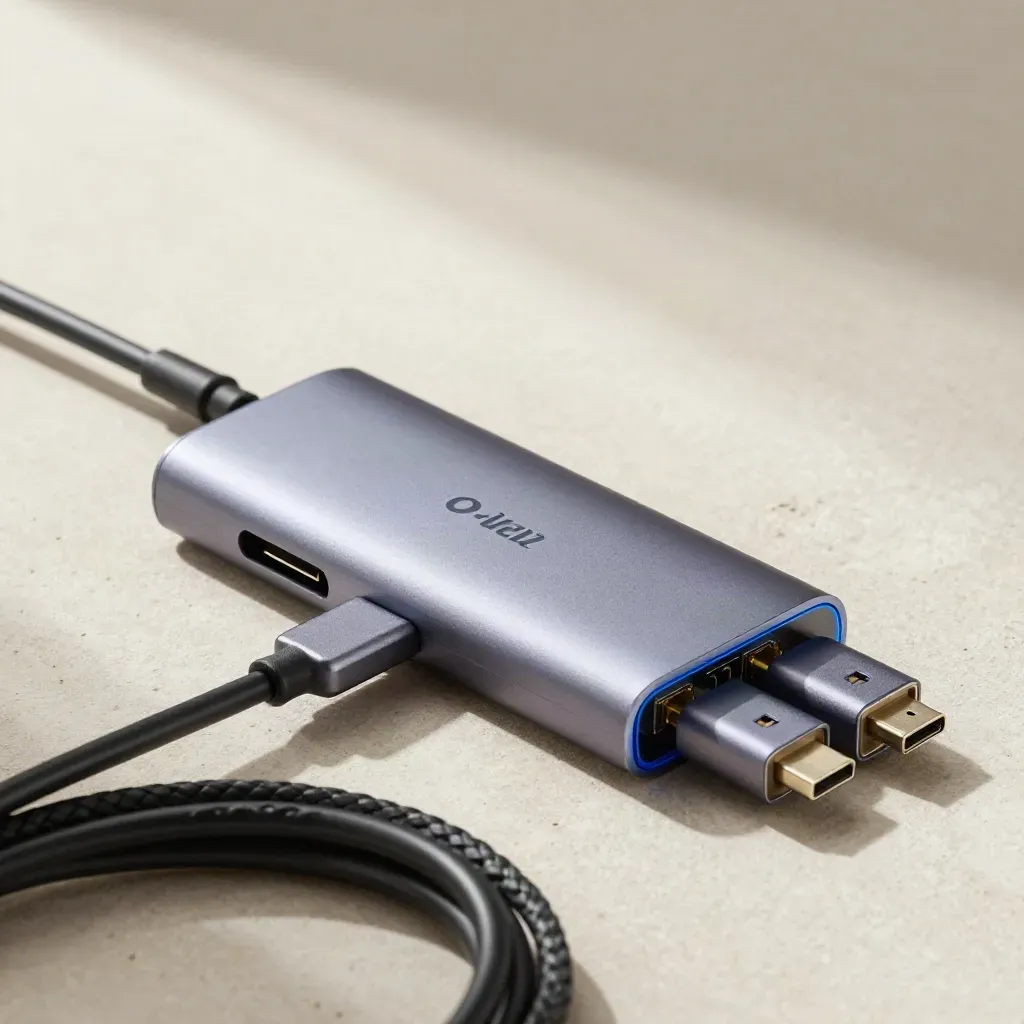 Machined USB-C hub, braided cable head, and ethernet adapter on pale stone, lit by soft daylight.