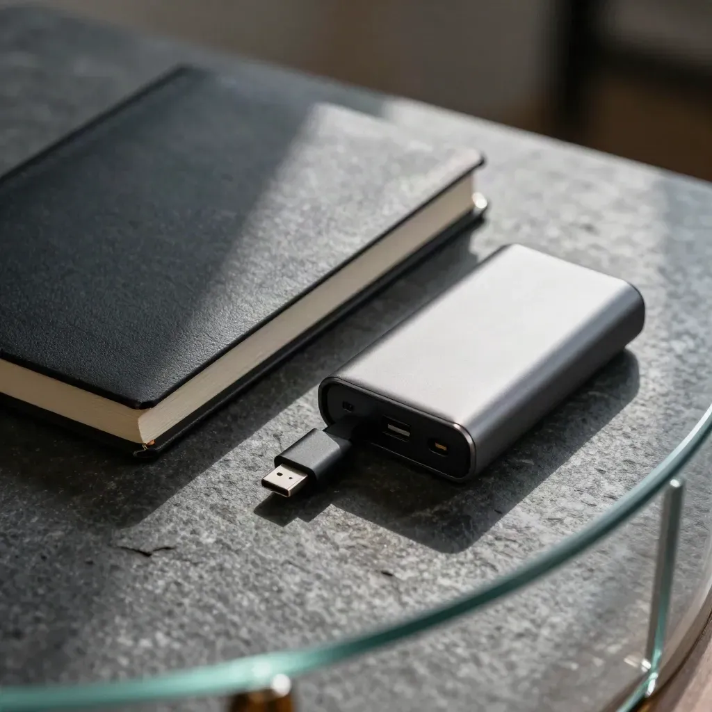 Still life of a notebook, power bank, and prototype enclosure on dark stone.