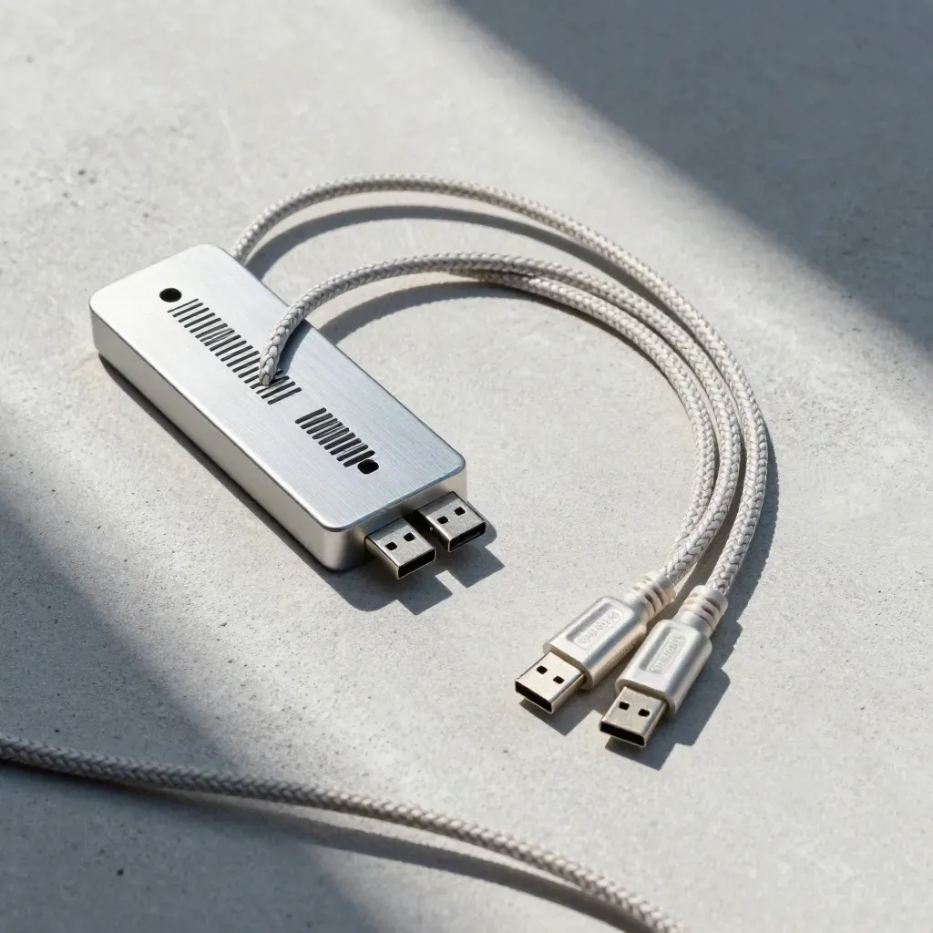Braided USB cables, aluminum dock and cable combs on pale concrete, lit from above.