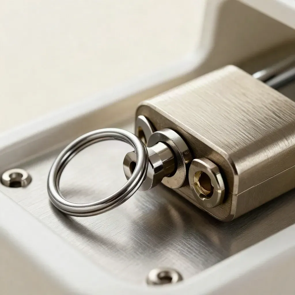 Macro of a lock set, stainless ring, and latching hardware on brushed metal.