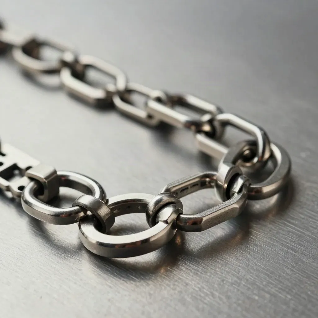 Linked steel rings and machined brackets on brushed metal, lit dramatically in a premium still life.