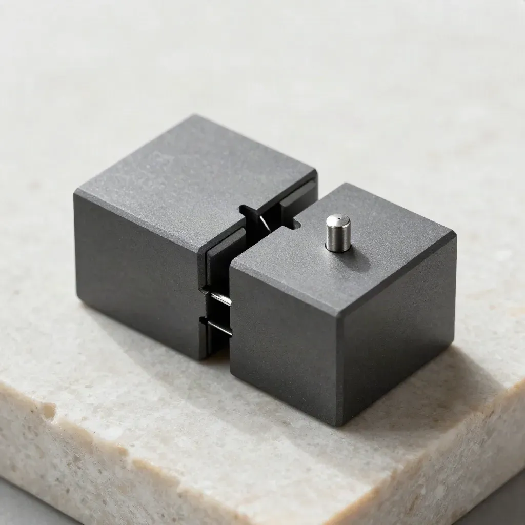 Top-down macro of graphite modular blocks and a silver pin joining on pale stone
