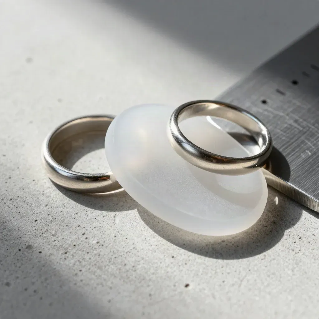 Frosted spacers, silver rings and alignment plate on pale concrete in macro closeup