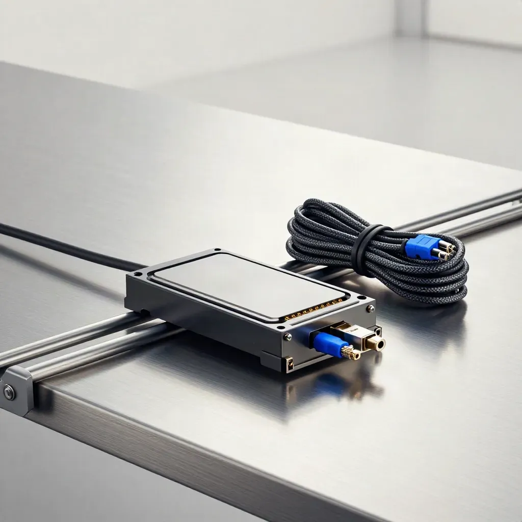 Server rail, hot-swap tray, and patch cable in a diagonal hardware still life.